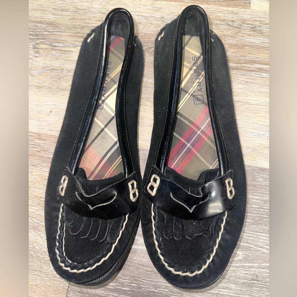 Sperry Closed Toe Black Tones Flats Slip On Size 6M Fringe Accent